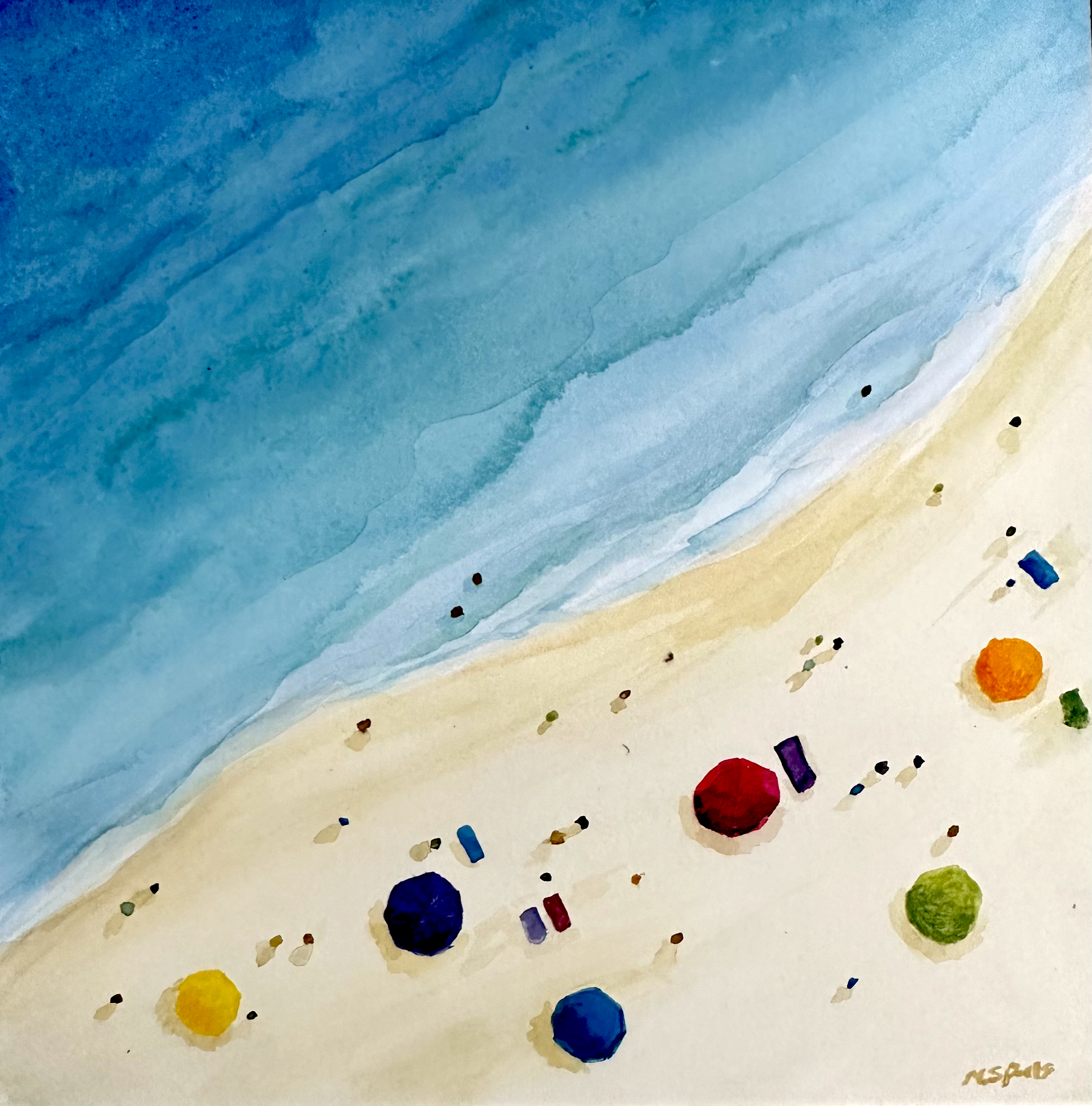 Watercolor painting of a beach and umbrellas